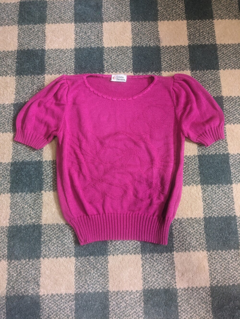 Vintage Cristin Stevens Magenta Pink Knit Puff Sleeve Floral Embellished Top S